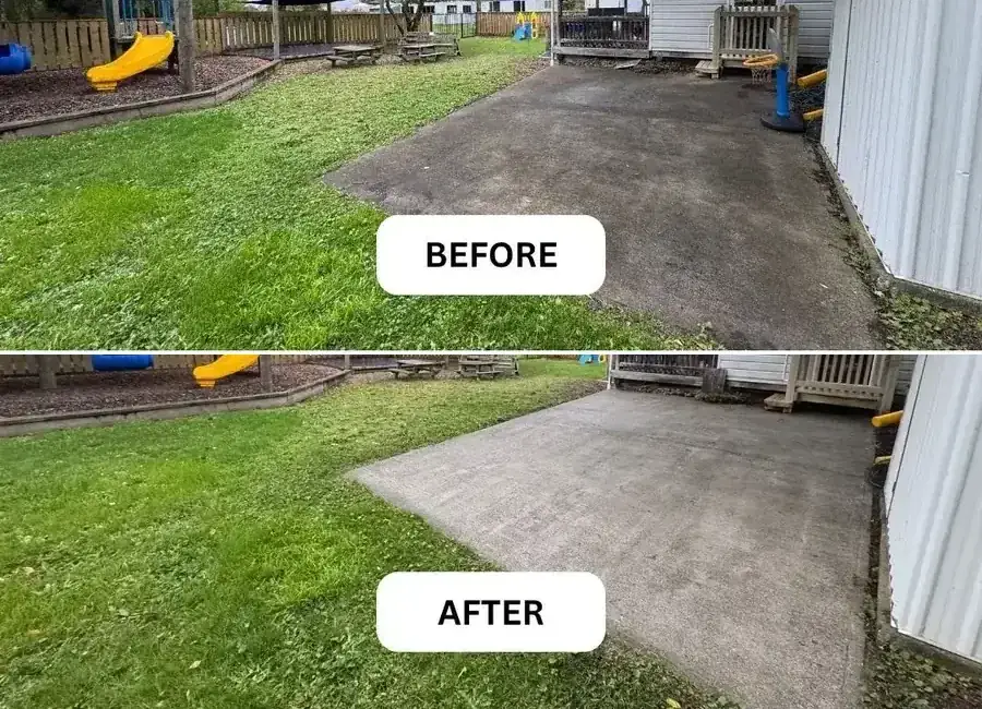 Slippery concrete at a Nelson playcentre before and after pressure cleaning